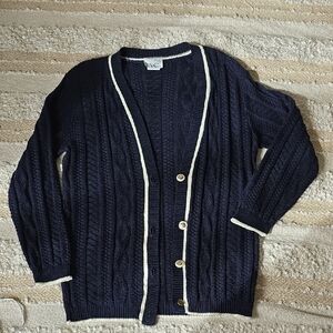 A C Navy Cable-Texture Cardigan with Cream Trim Vintage Small